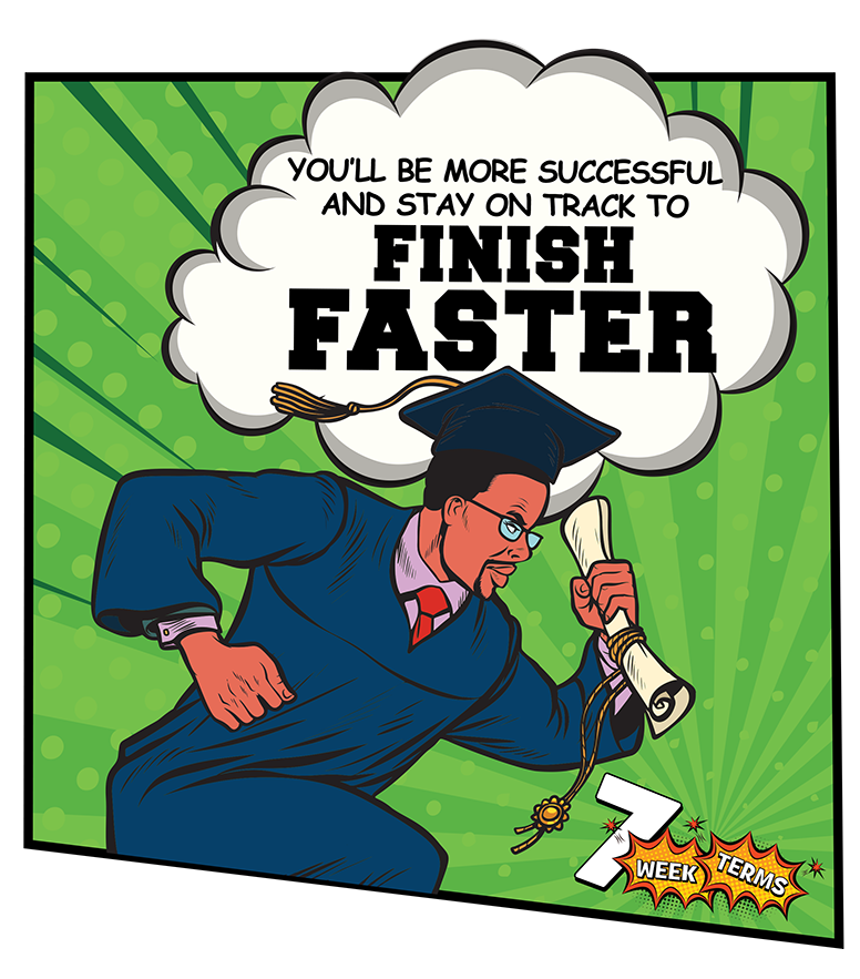 Comic strip graduate running "Finish Faster"